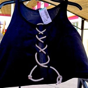 Papaya new vest black with detail like a rhinestone cord . Layer over a blouse.